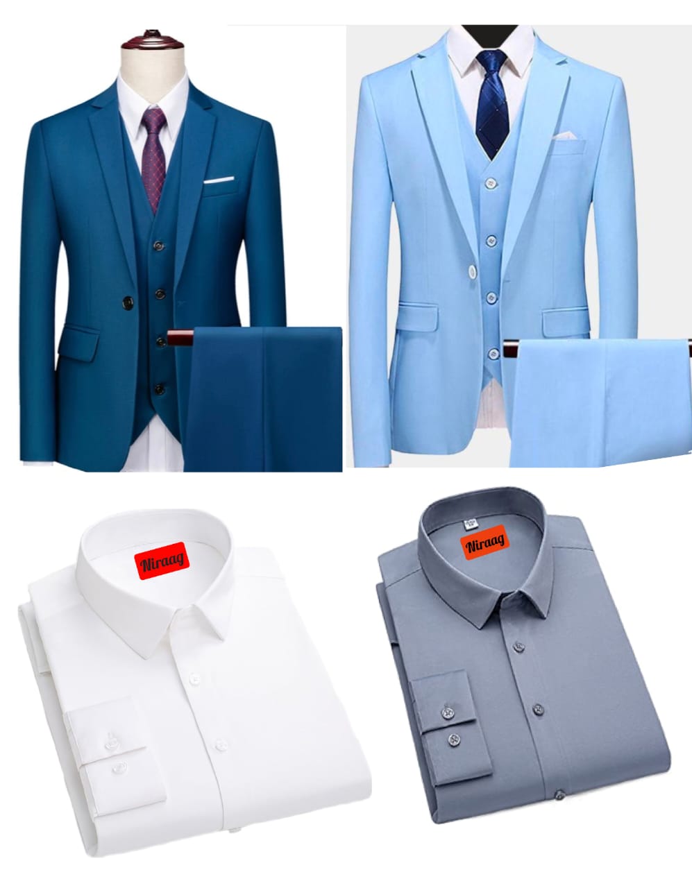 COMBO OF 2 PREMIUM SUITS & 2 PREMIUM SHIRTS ( SUITS / OLIVE BLUE & SKY BLUE ) ( SHIRTS / WHITE & GRE